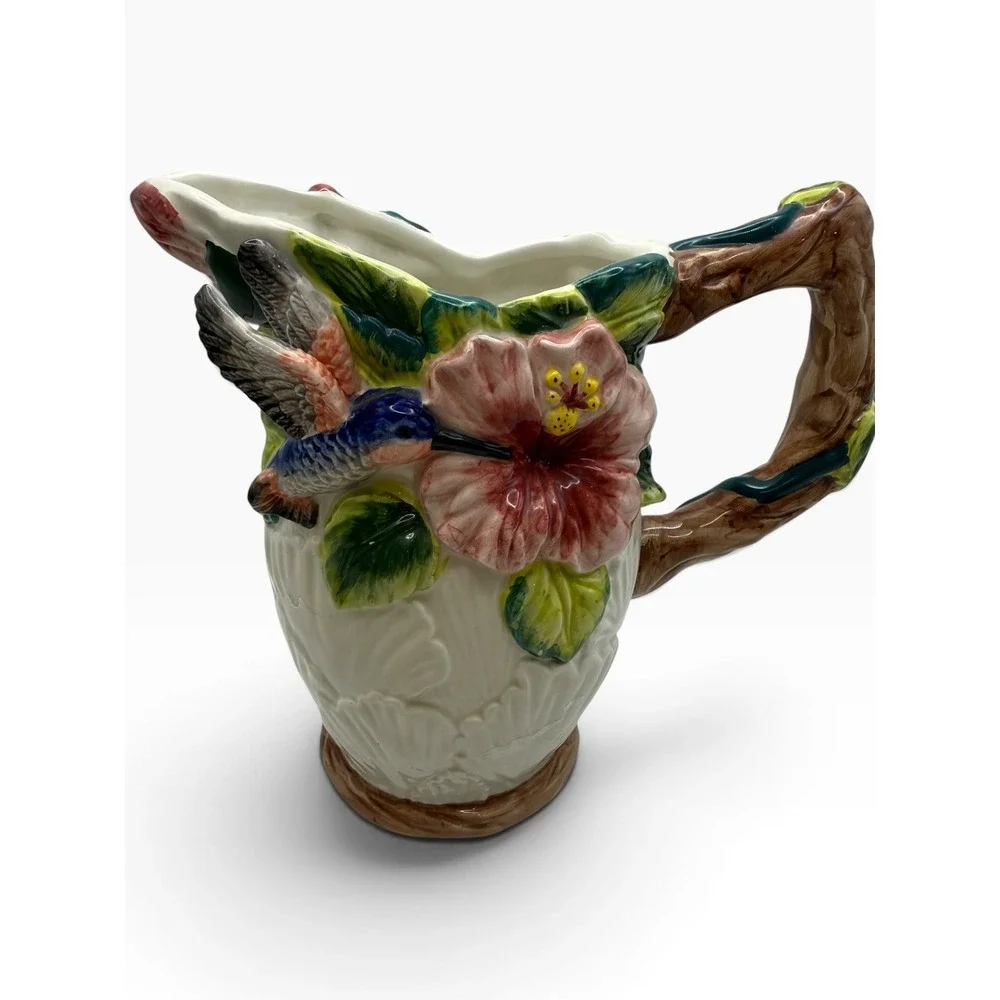 Vintage Hummingbird and Hibiscus Ceramic Pitcher Hand Painted 3D Floral Vase